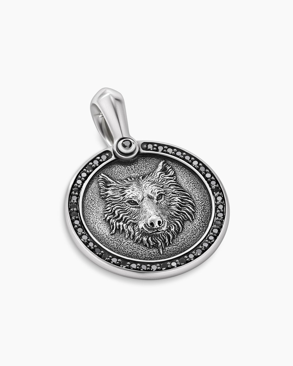 Amulette Petrvs® loup en argent massif avec diamants noirs, 21 mm homme