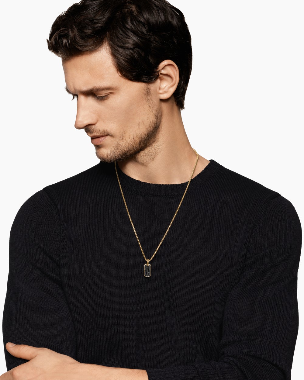 Mens Chevron Tag in 18K Yellow Gold with Black Diamonds, 21mm