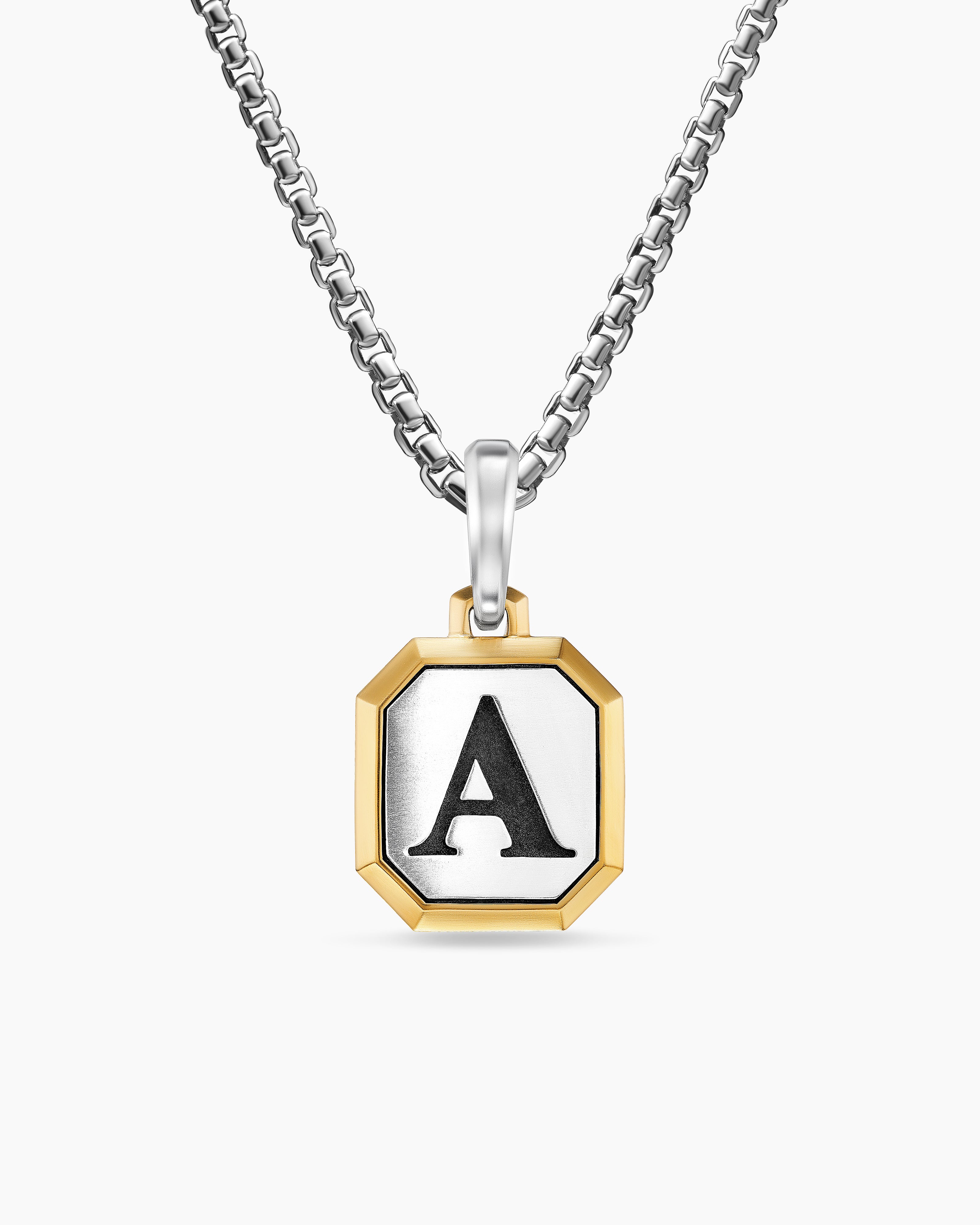 Mens A Initial Amulet in Sterling Silver with 14K Yellow Gold, 17mm