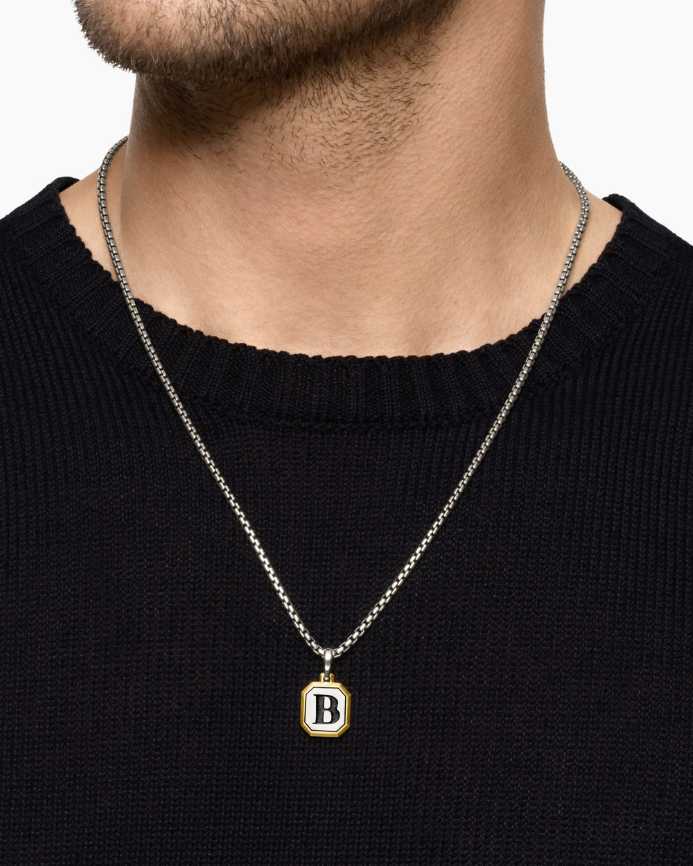 Mens B Initial Amulet in Sterling Silver with 14K Yellow Gold, 17mm