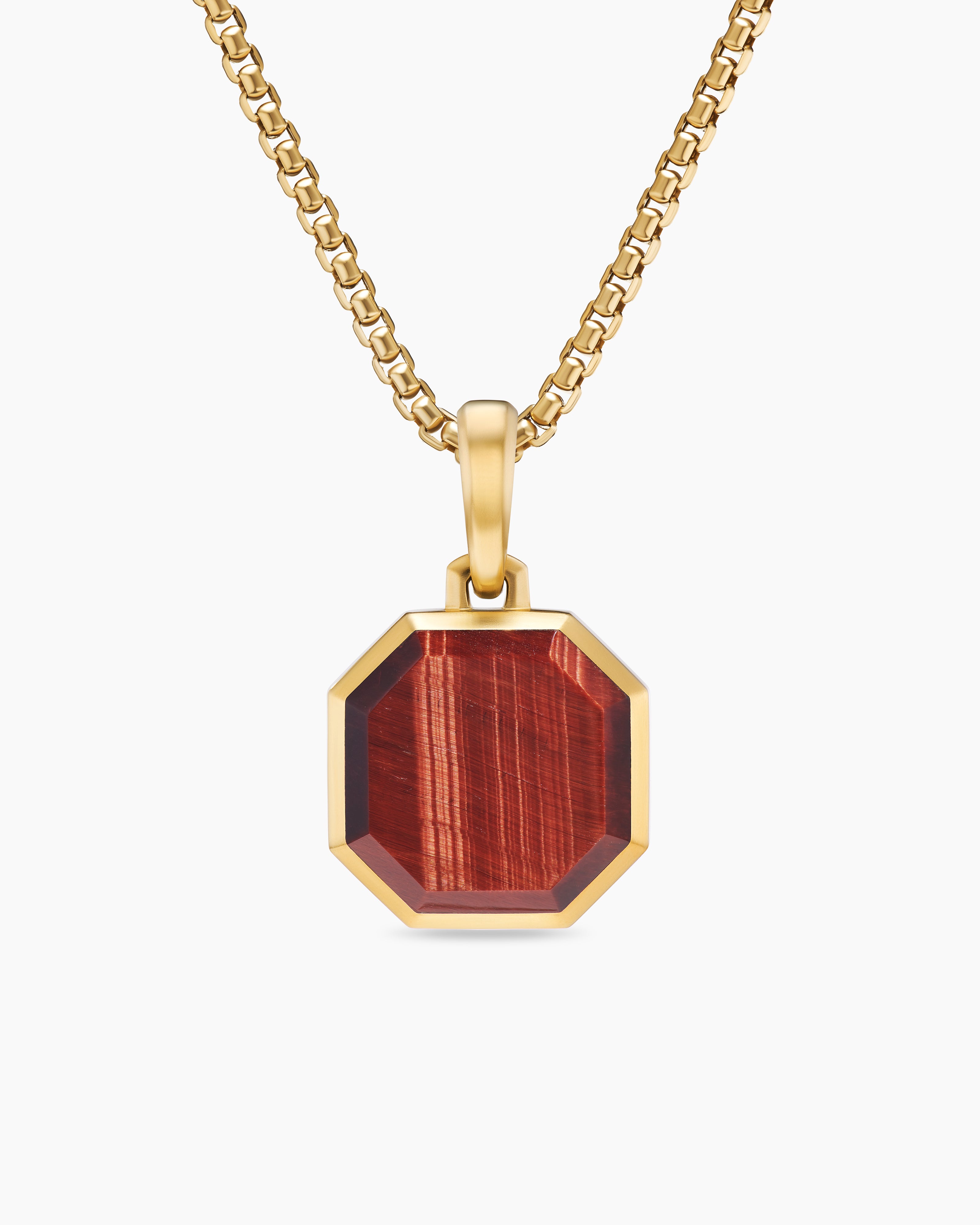 Mens Faceted Stone Amulet in 18K Yellow Gold with Red Tiger's Eye, 16mm