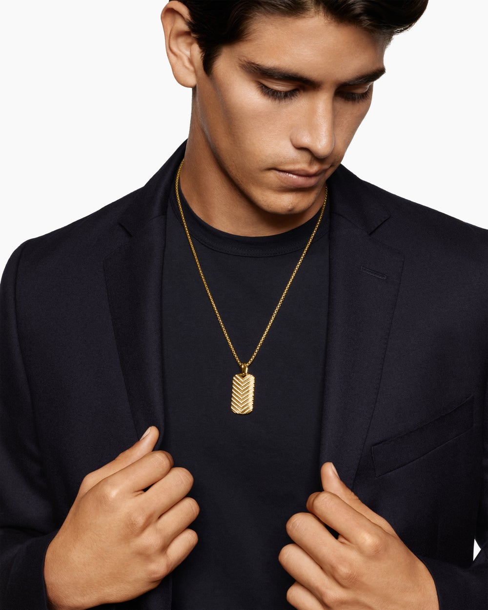 Mens Chevron Tag in 18K Yellow Gold with Diamonds, 34mm