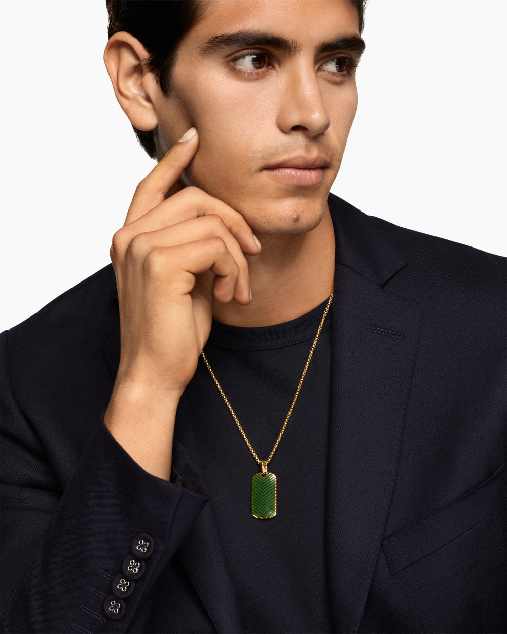 Mens Chevron Tag in 18K Yellow Gold with Nephrite Jade, 34mm