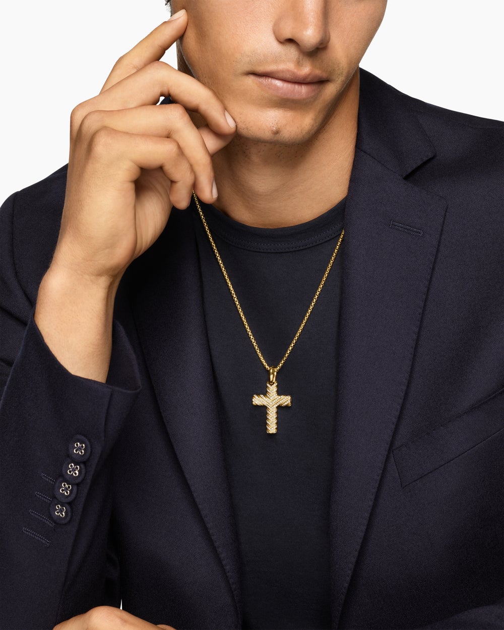 Mens Chevron Cross Pendant in 18K Yellow Gold with Diamonds, 36mm