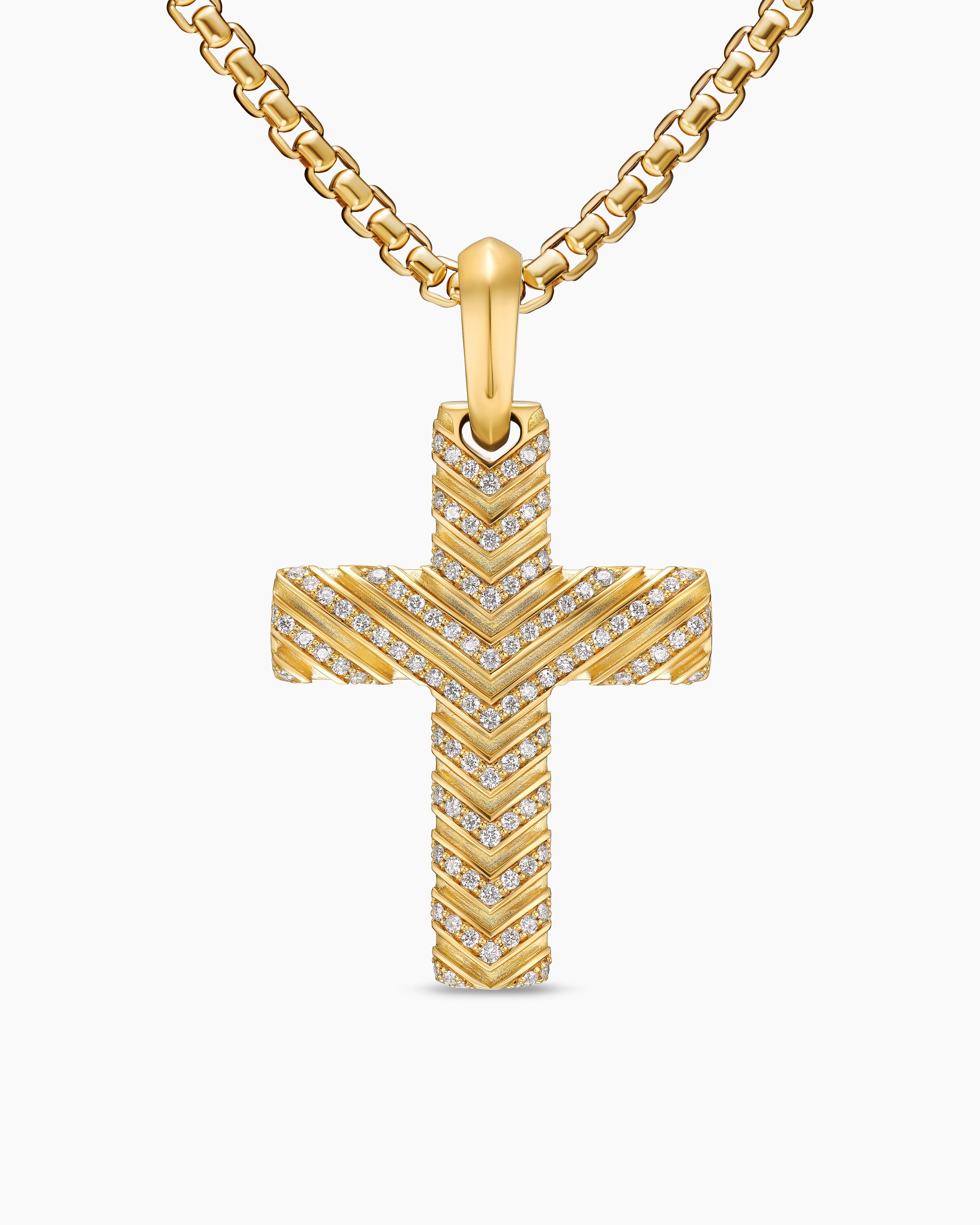 Mens Chevron Cross Pendant in 18K Yellow Gold with Diamonds, 36mm