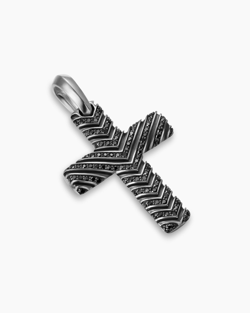 Mens Chevron Cross Pendant in Sterling Silver with Black Diamonds, 36mm