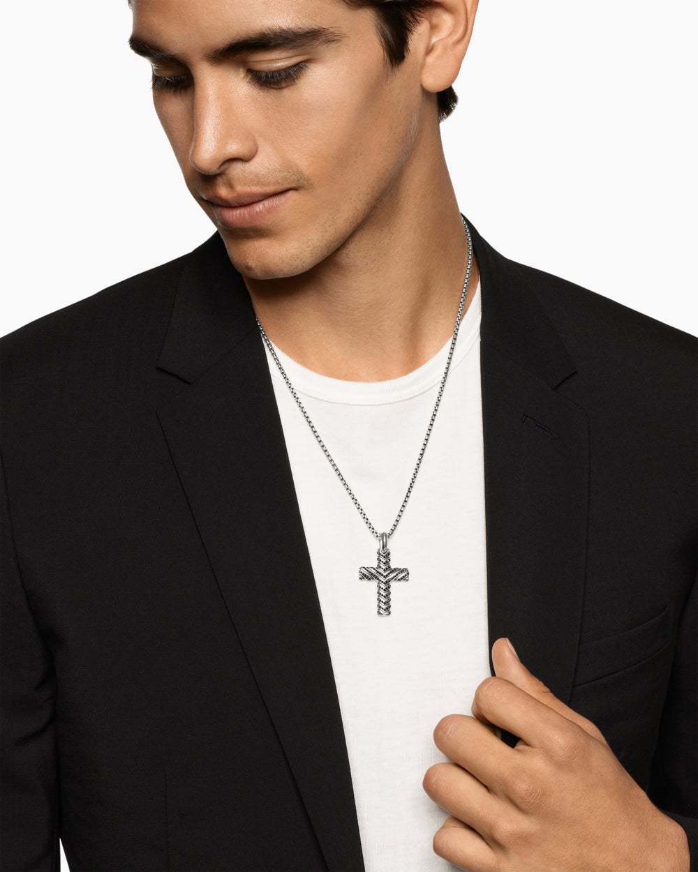 Mens Chevron Cross Pendant in Sterling Silver with Black Diamonds, 36mm