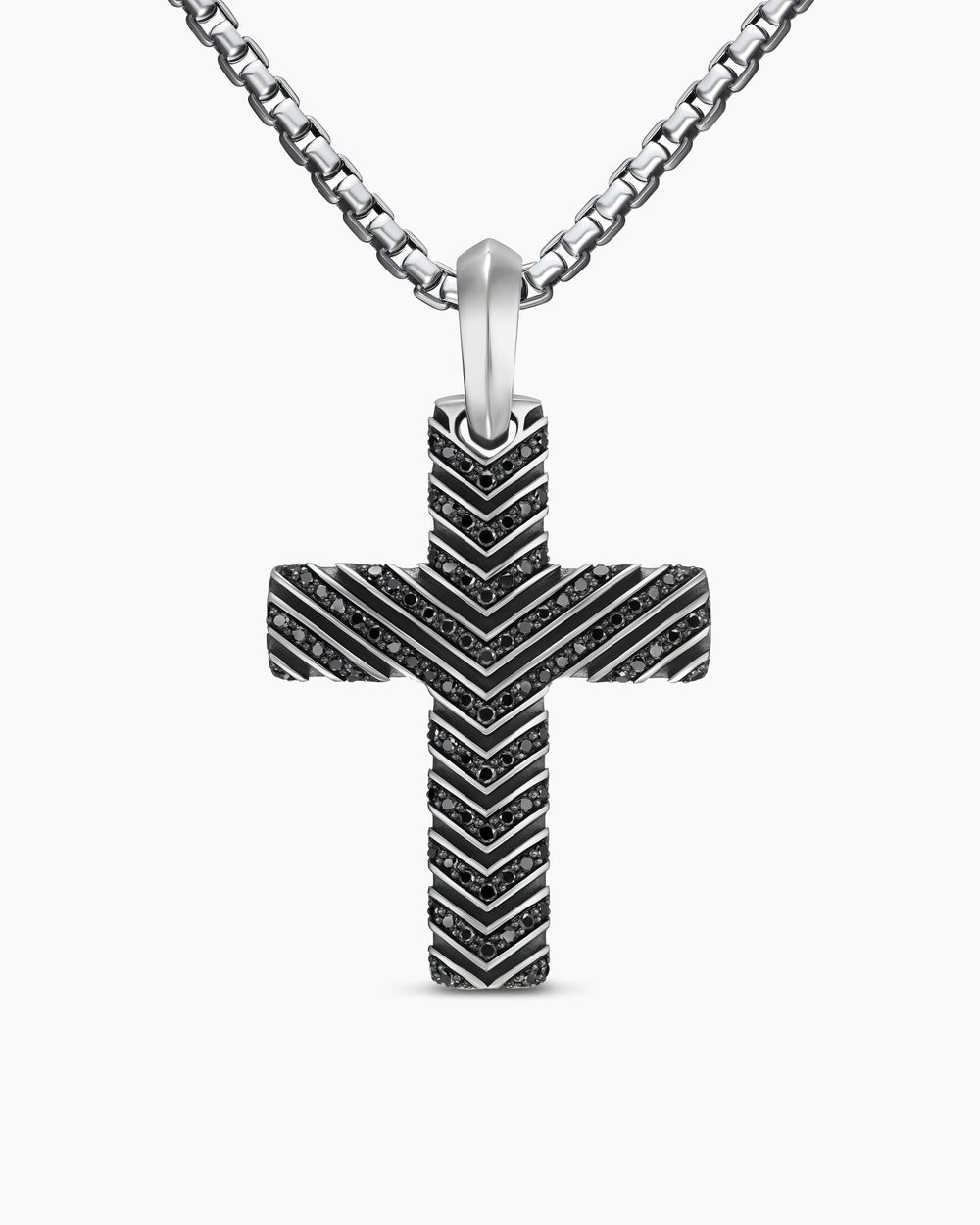 Mens Chevron Cross Pendant in Sterling Silver with Black Diamonds, 36mm