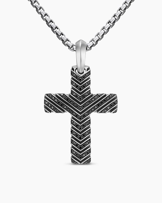 Chevron Cross Pendant in Sterling Silver with Black Diamonds, 36mm