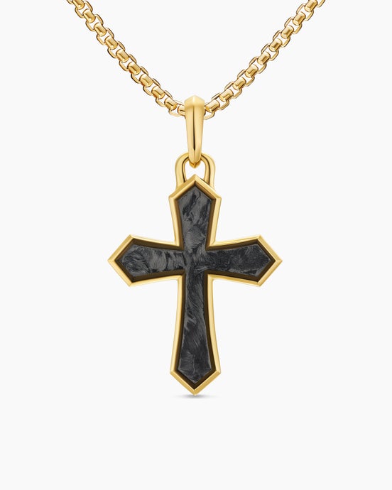 Amulette à croix en or jaune 18 carats avec Forged Carbon, 28 mm