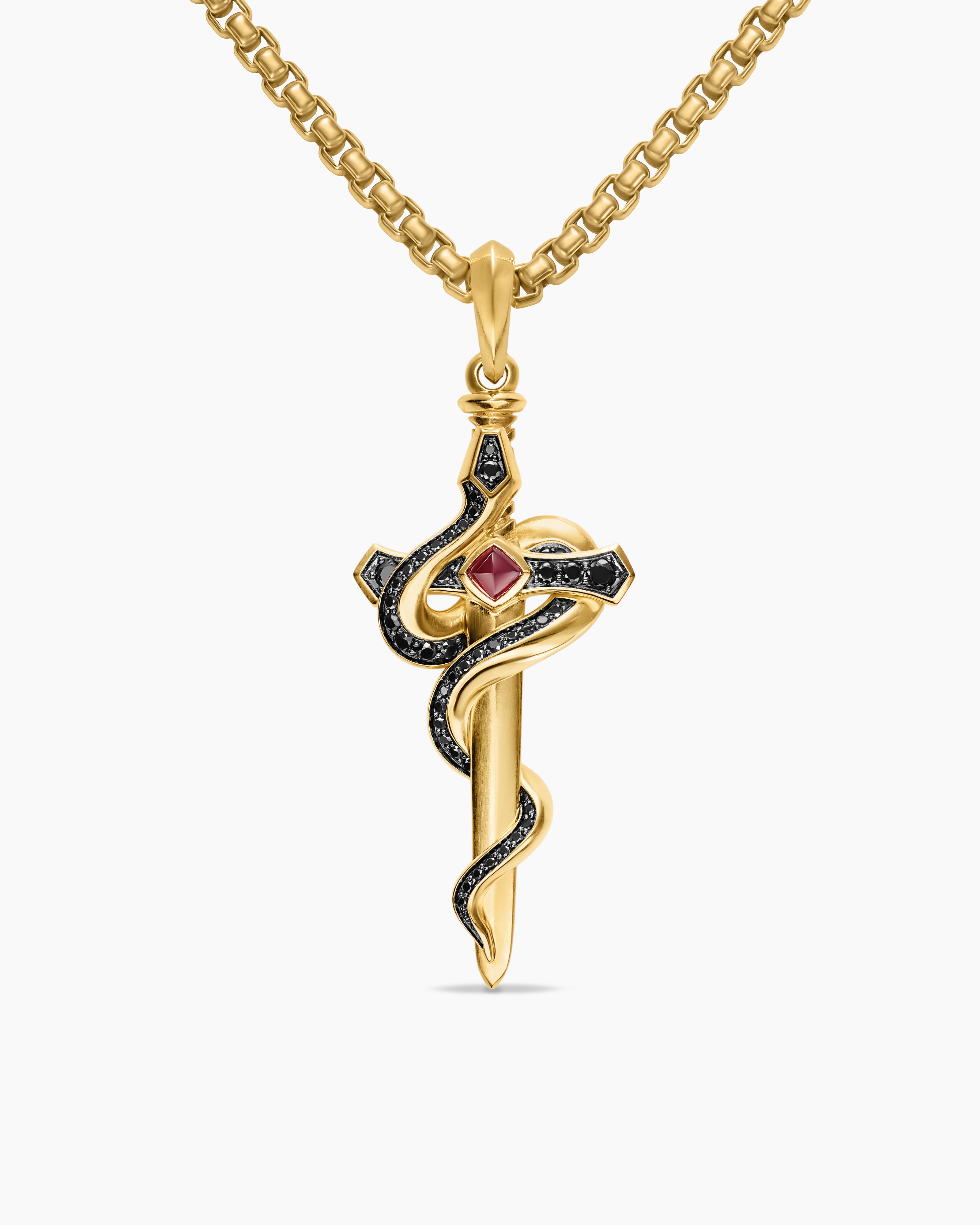 Mens Ouroboros Snake Amulet in 18K Yellow Gold with Ruby and Black Diamonds, 48mm
