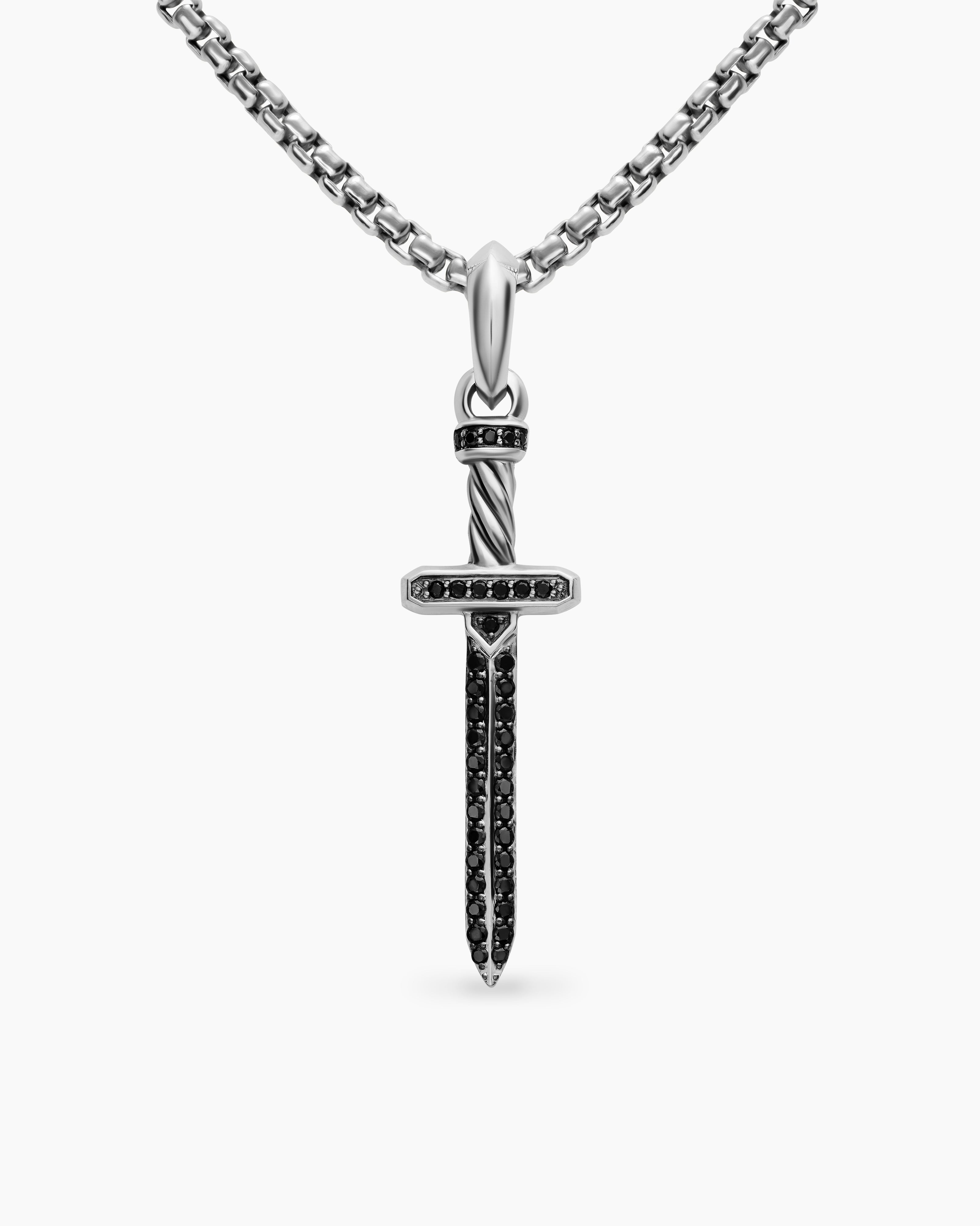 Mens Pav&eacute; Sword Amulet in Sterling Silver with Black Diamonds, 41.3mm