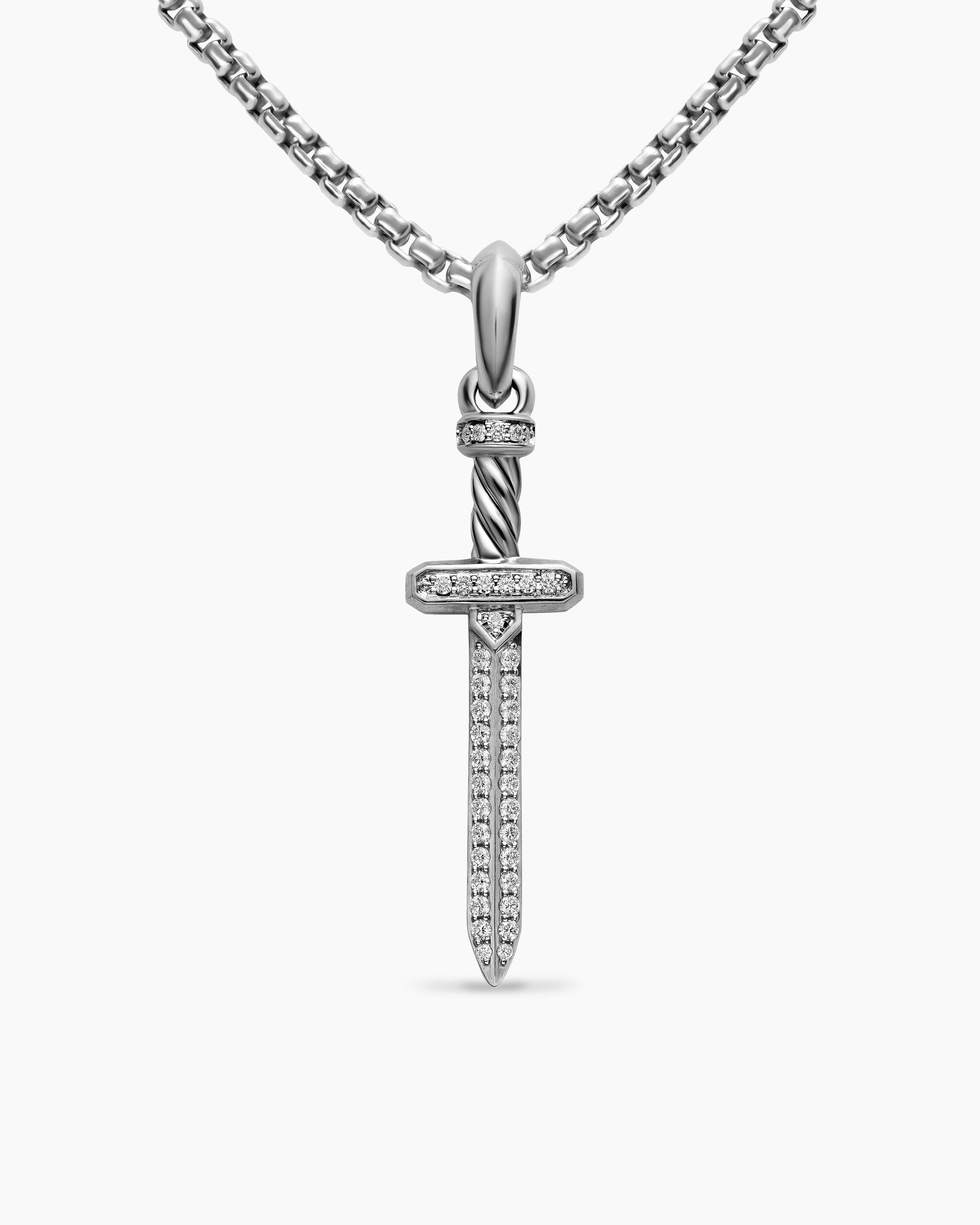Mens Pav&eacute; Sword Amulet in Sterling Silver with Diamonds, 41.3mm
