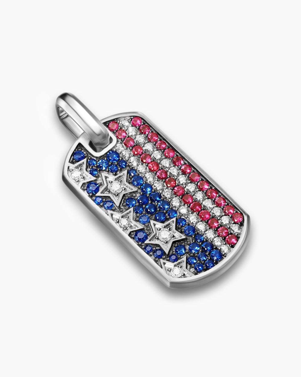 Plaque d’identité Chevron drapeau américain en argent sterling avec saphirs, diamants et rubis, 35 mm hommes