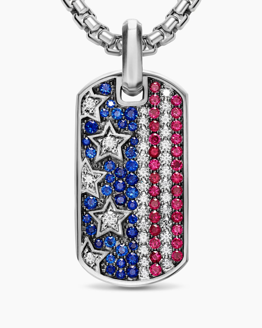 Plaque d’identité Chevron drapeau américain en argent sterling avec saphirs, diamants et rubis, 35 mm hommes