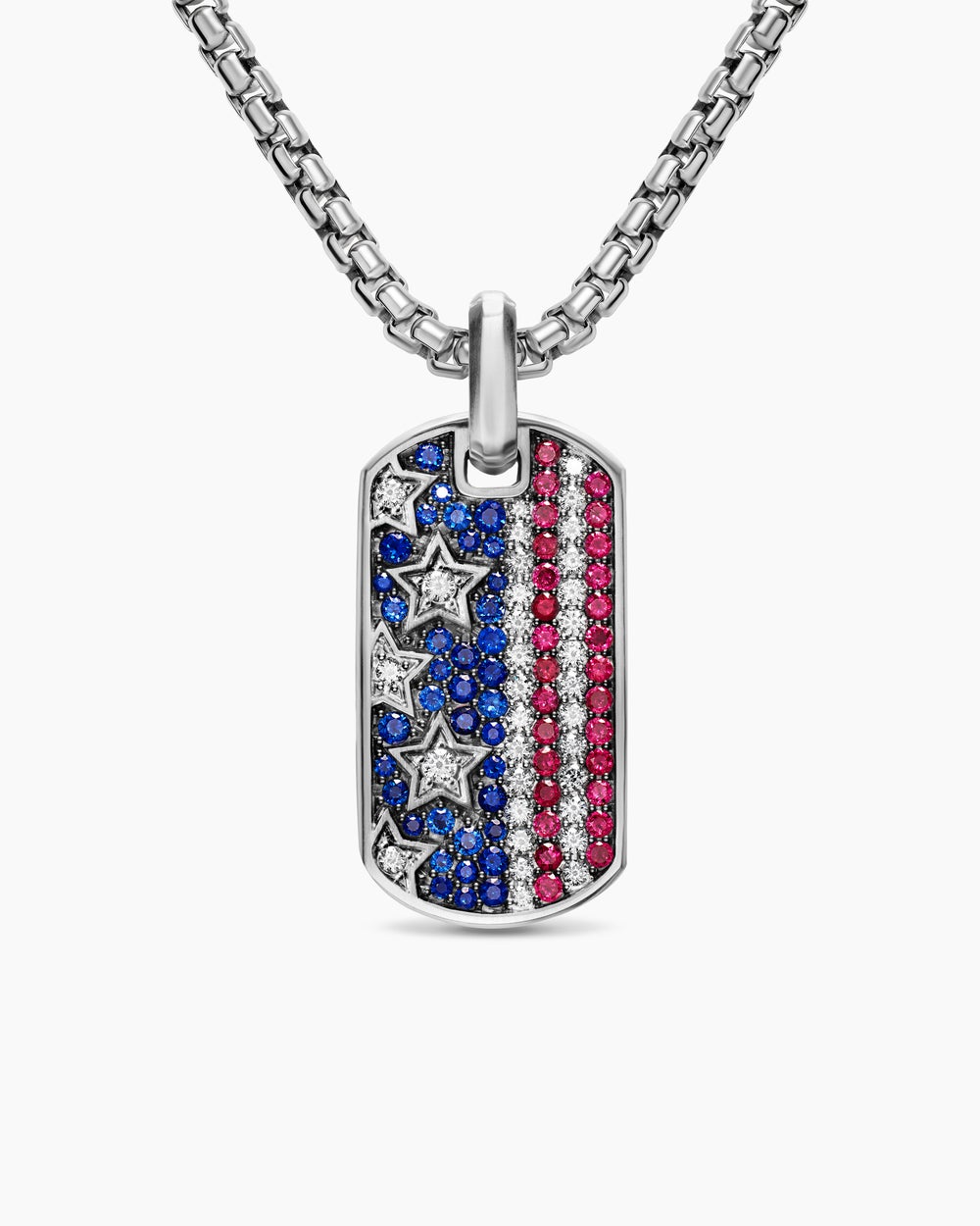 Plaque d’identité Chevron drapeau américain en argent sterling avec saphirs, diamants et rubis, 35 mm hommes