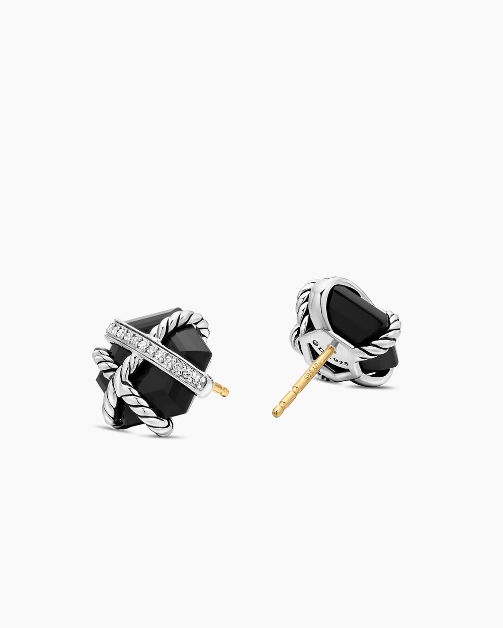 Womens Cable Wrap Stud Earrings in Sterling Silver with Black Onyx and Diamonds, 11mm