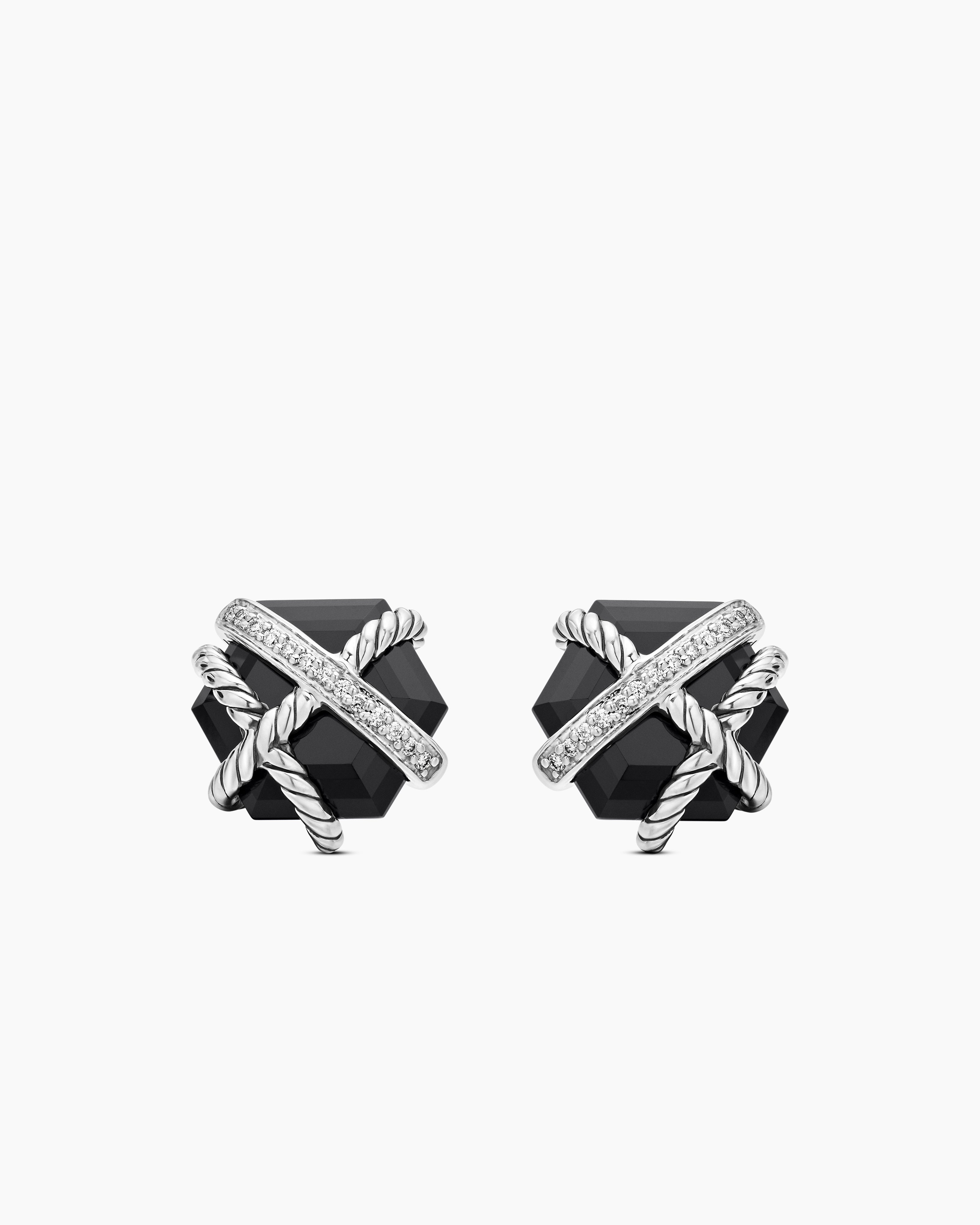 Womens Cable Wrap Stud Earrings in Sterling Silver with Black Onyx and Diamonds, 11mm