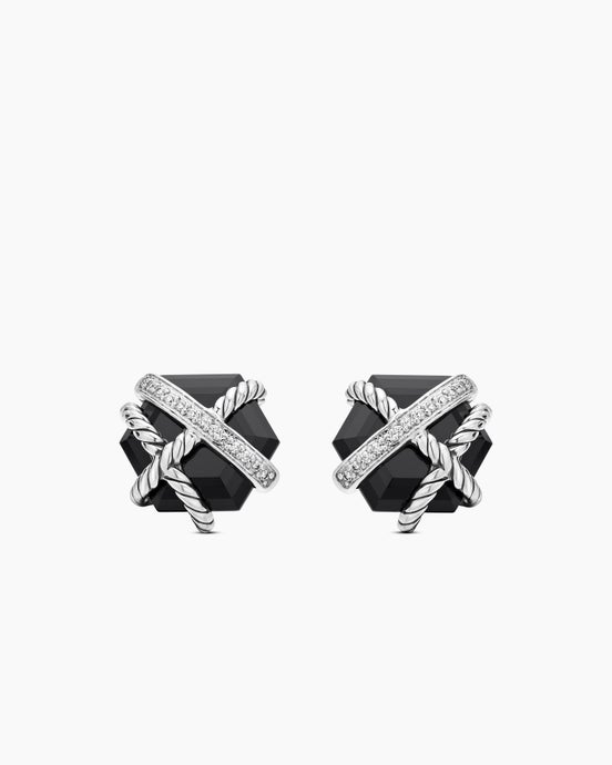 Cable Wrap Stud Earrings in Sterling Silver with Black Onyx and Diamonds, 11mm