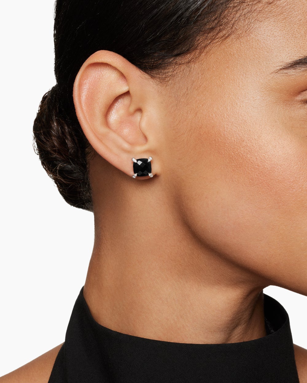 Womens Chatelaine® Stud Earrings in Sterling Silver with Black Onyx and Diamonds, 9mm
