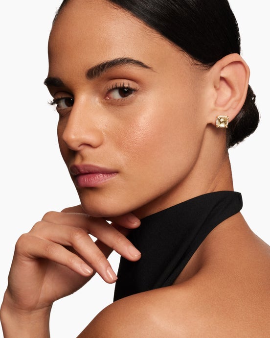Chatelaine® Pavé Bezel Stud Earrings in 18K Yellow Gold with Champagne Citrine and Diamonds, 8mm