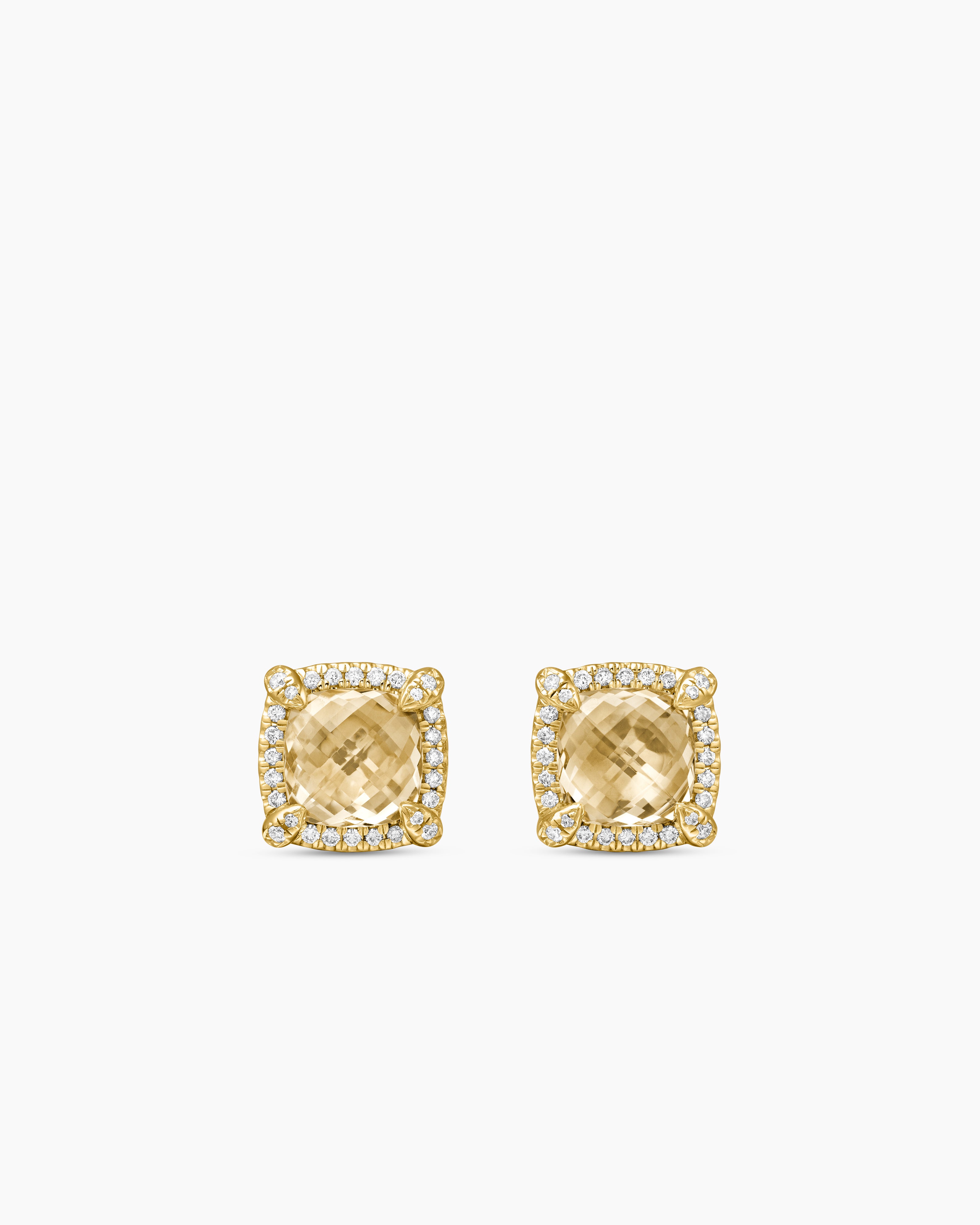 Womens Chatelaine&reg; Pav&eacute; Bezel Stud Earrings in 18K Yellow Gold with Champagne Citrine and Diamonds, 8mm