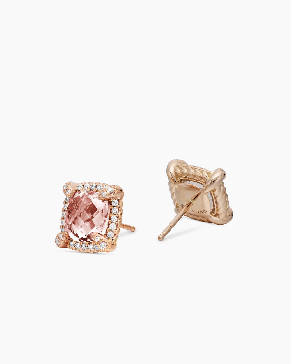 Womens Chatelaine® Pavé Bezel Stud Earrings in 18ct Rose Gold with Morganite and Diamonds, 8mm