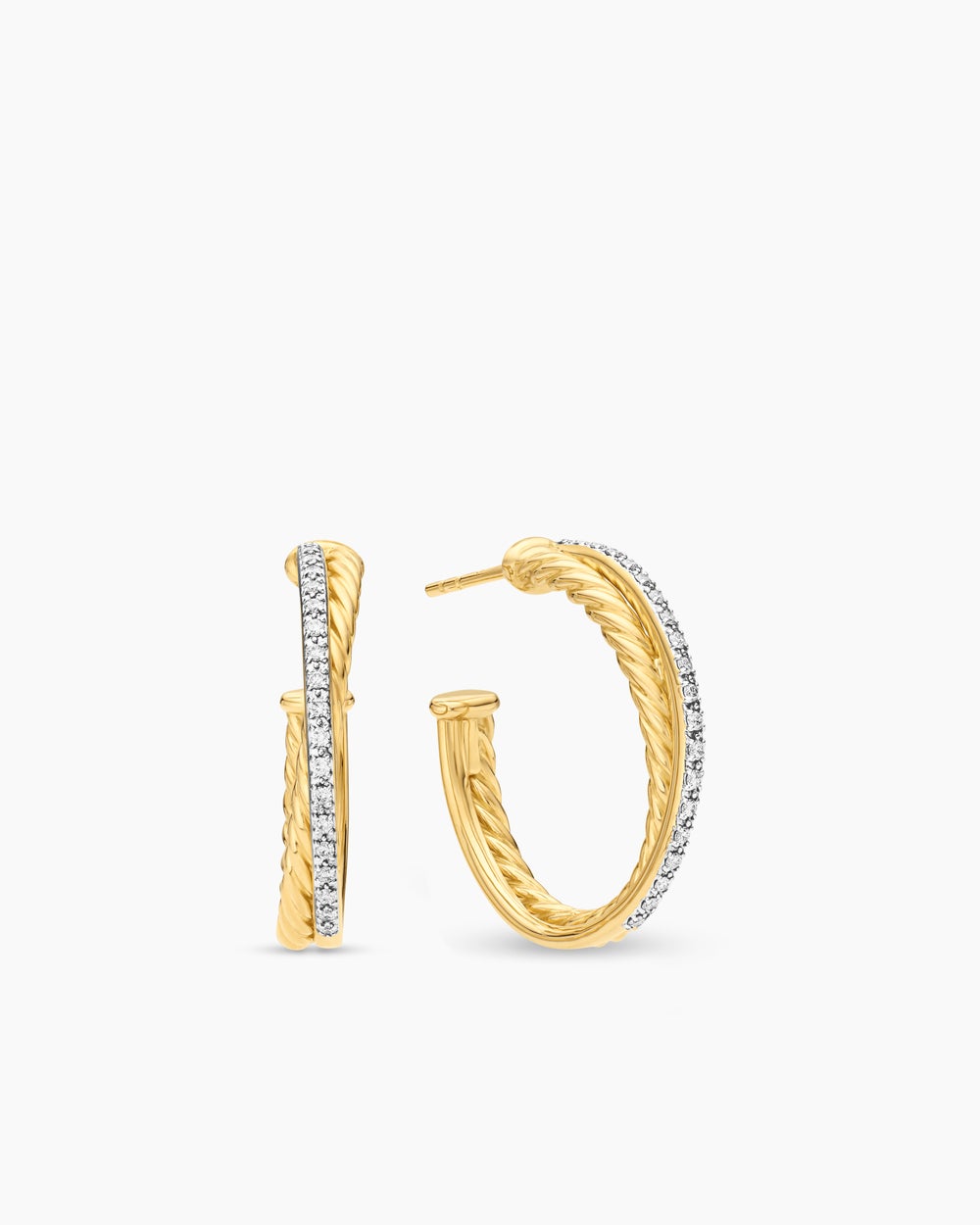 Womens Crossover Hoop Earrings in 18K Yellow Gold with Diamonds, 26.5mm