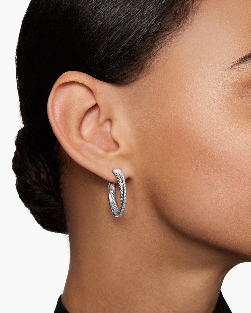 Womens Crossover Hoop Earrings in Sterling Silver with Diamonds, 26.5mm