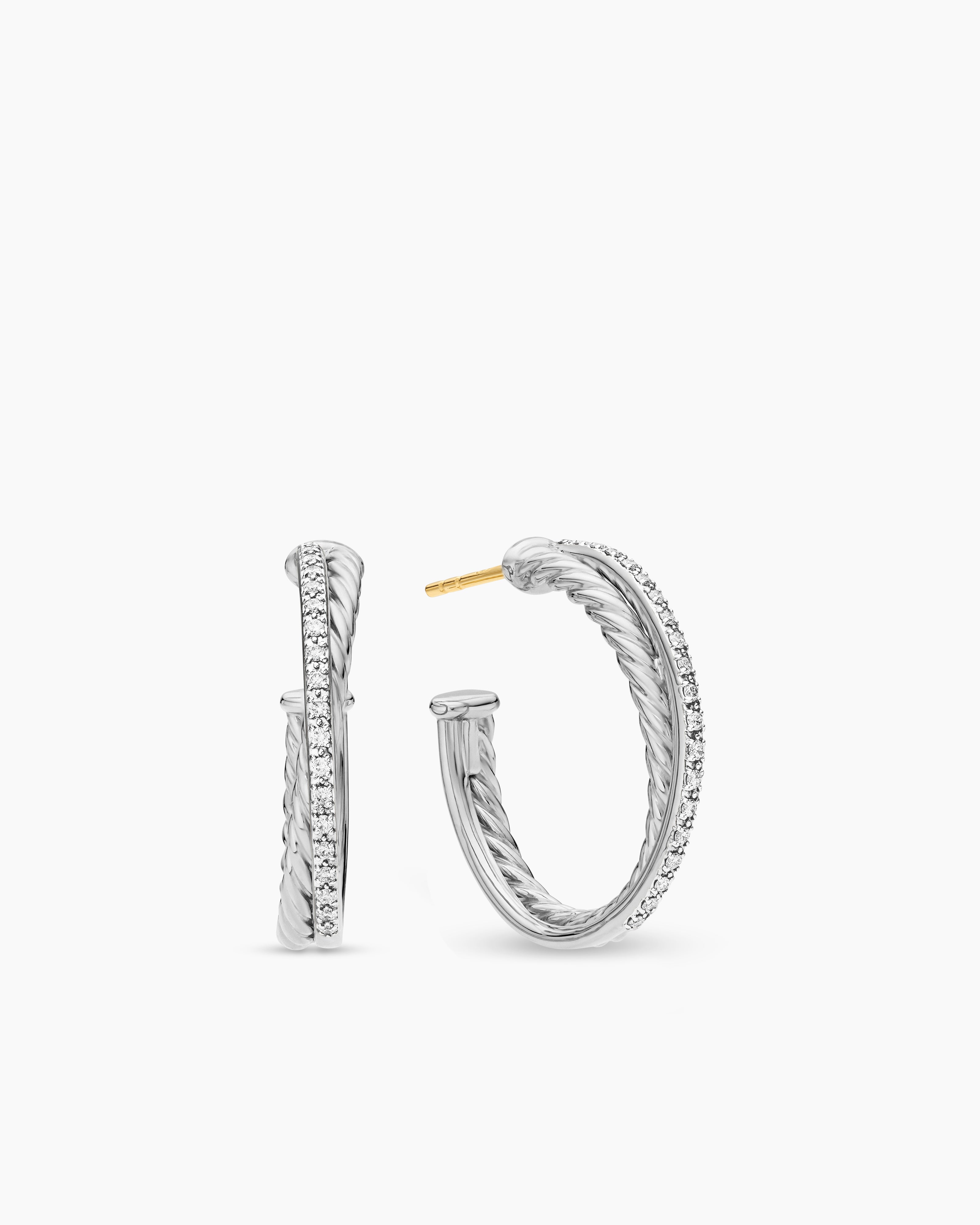 Womens Crossover Hoop Earrings in Sterling Silver with Diamonds, 26.5mm