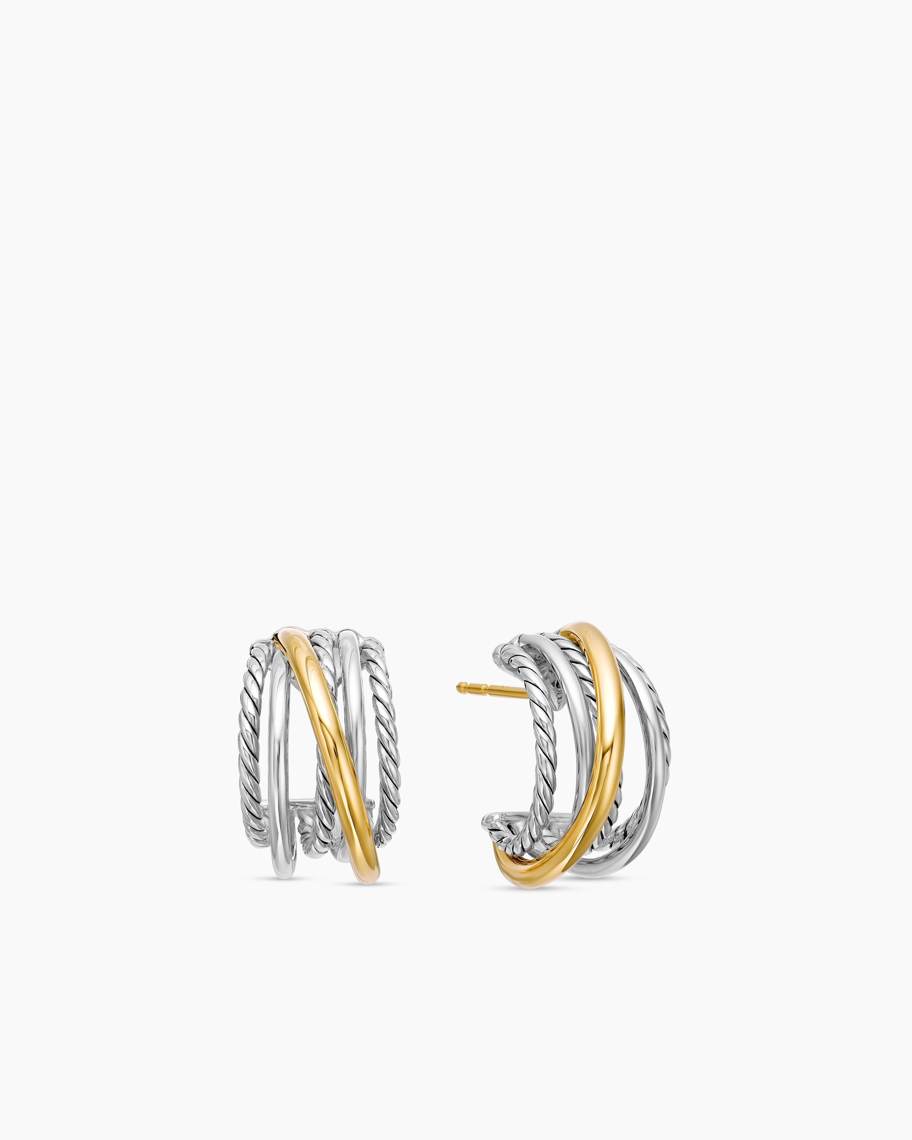 Womens Crossover Shrimp Earrings in Sterling Silver with 18K Yellow Gold, 19.5mm