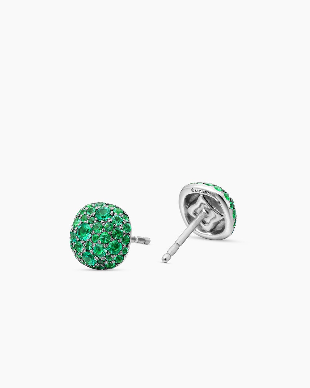Womens Cushion Stud Earrings in 18K White Gold with Pavé Emeralds, 8mm