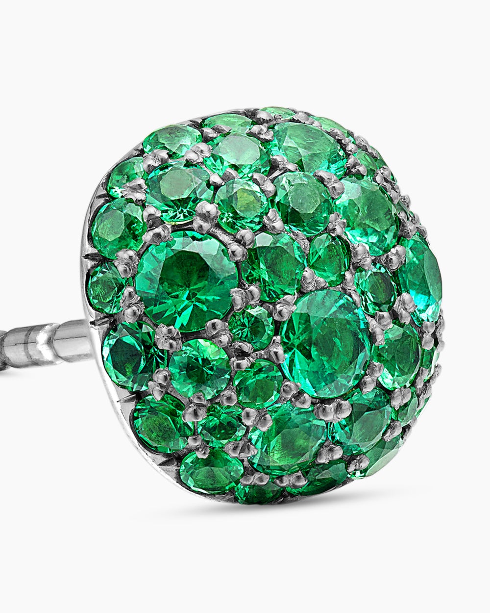 Womens Cushion Stud Earrings in 18K White Gold with Pavé Emeralds, 8mm