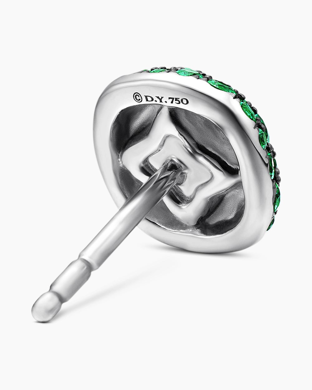 Womens Cushion Stud Earrings in 18K White Gold with Pavé Emeralds, 8mm