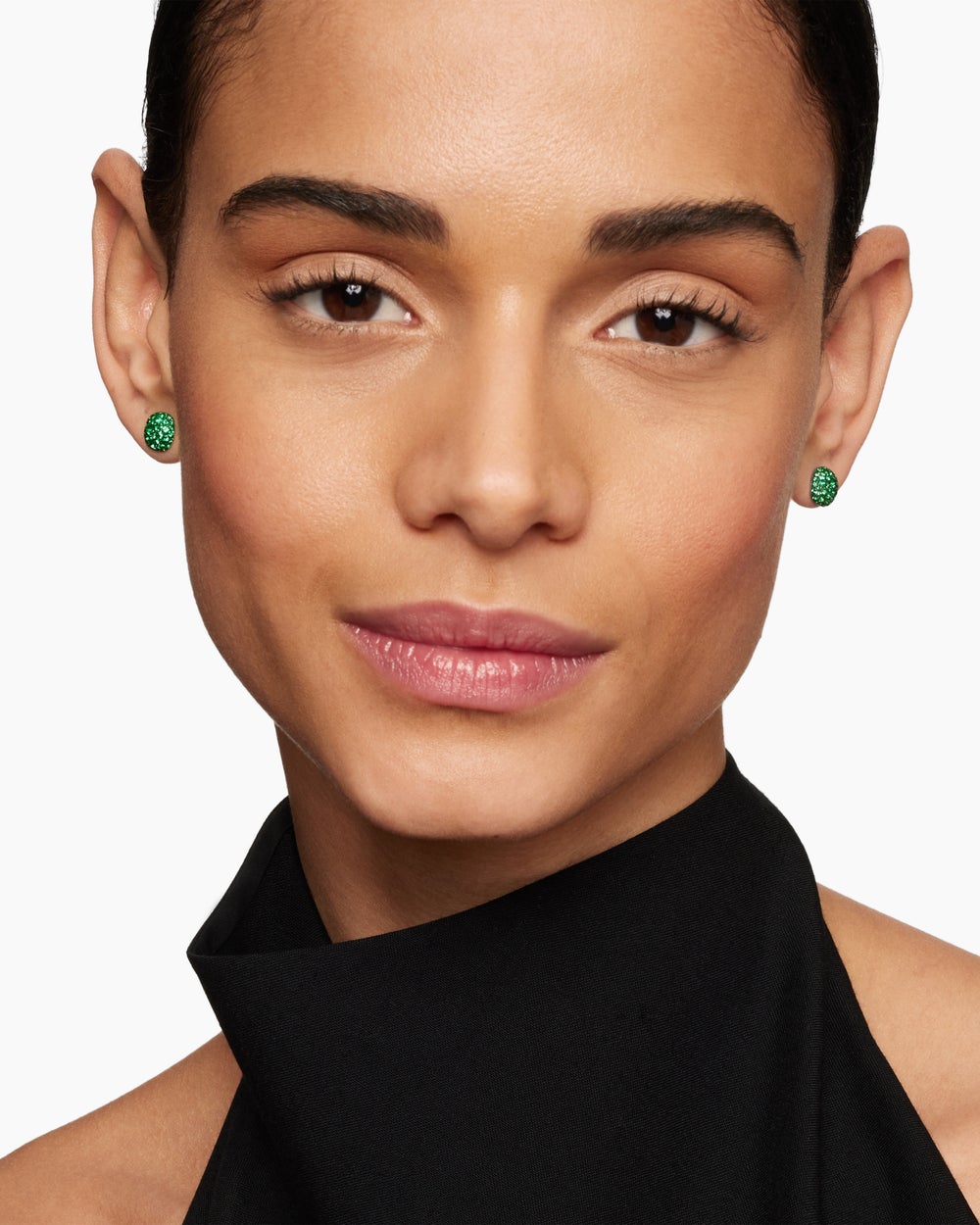 Womens Cushion Stud Earrings in 18K White Gold with Pavé Emeralds, 8mm