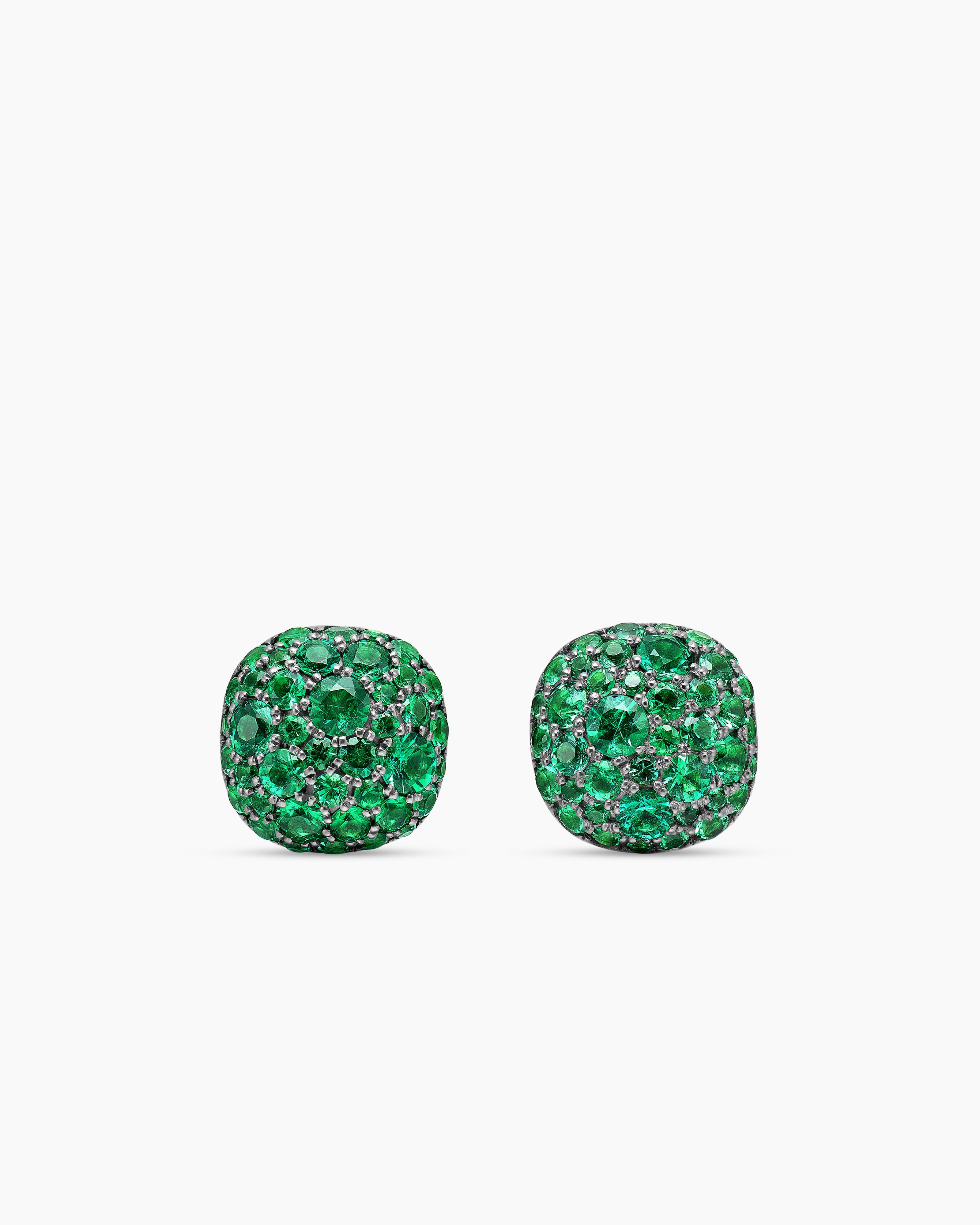 Womens Cushion Stud Earrings in 18K White Gold with Pav&eacute; Emeralds, 8mm