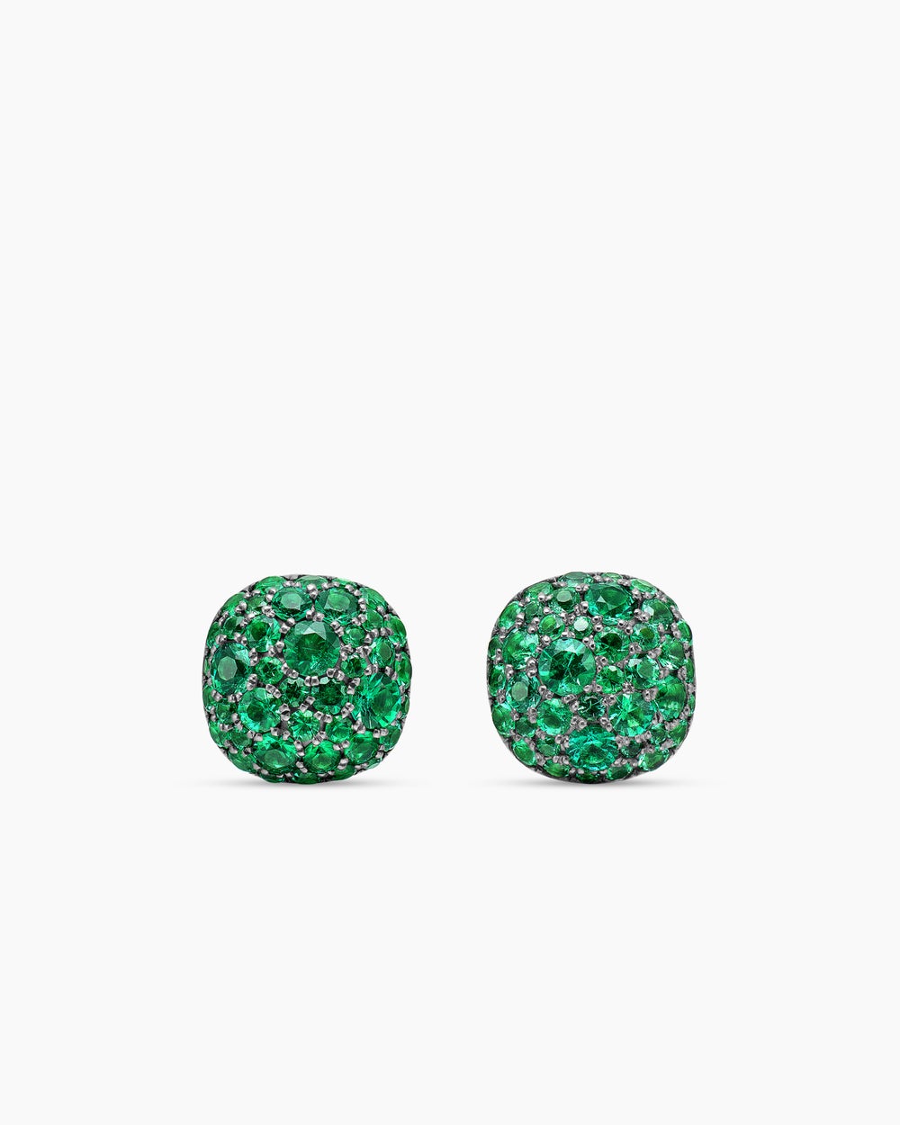 Womens Cushion Stud Earrings in 18K White Gold with Pavé Emeralds, 8mm