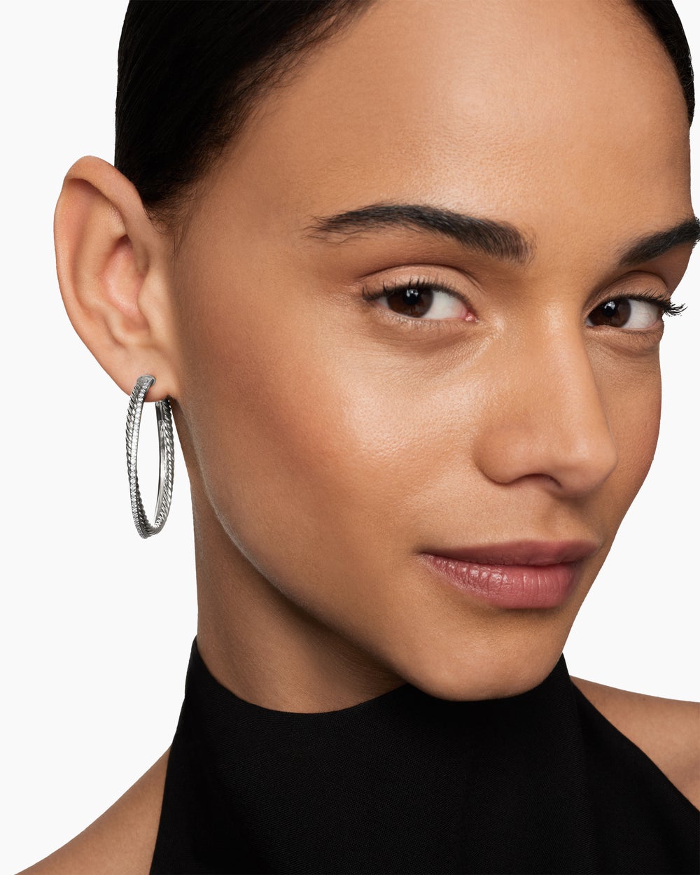 Womens Crossover Hoop Earrings in Sterling Silver with Diamonds, 44mm