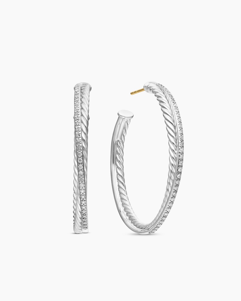 Womens Crossover Hoop Earrings in Sterling Silver with Diamonds, 44mm