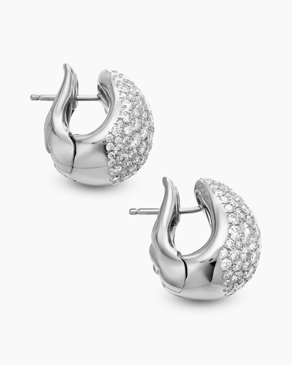 Womens Pear Huggie Hoop Earrings in 18K White Gold with Diamonds, 16mm