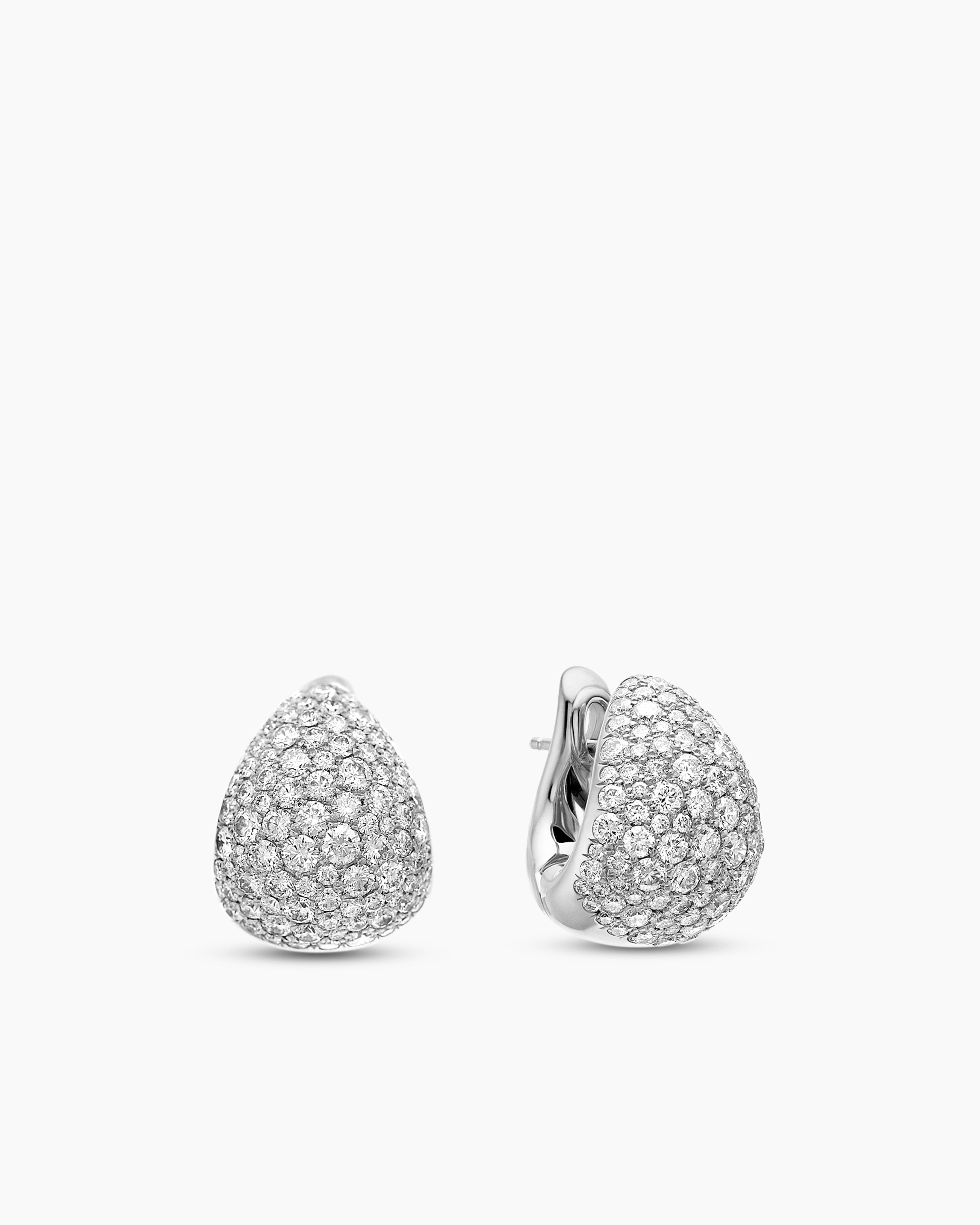 Womens Pear Huggie Hoop Earrings in 18K White Gold with Diamonds, 16mm
