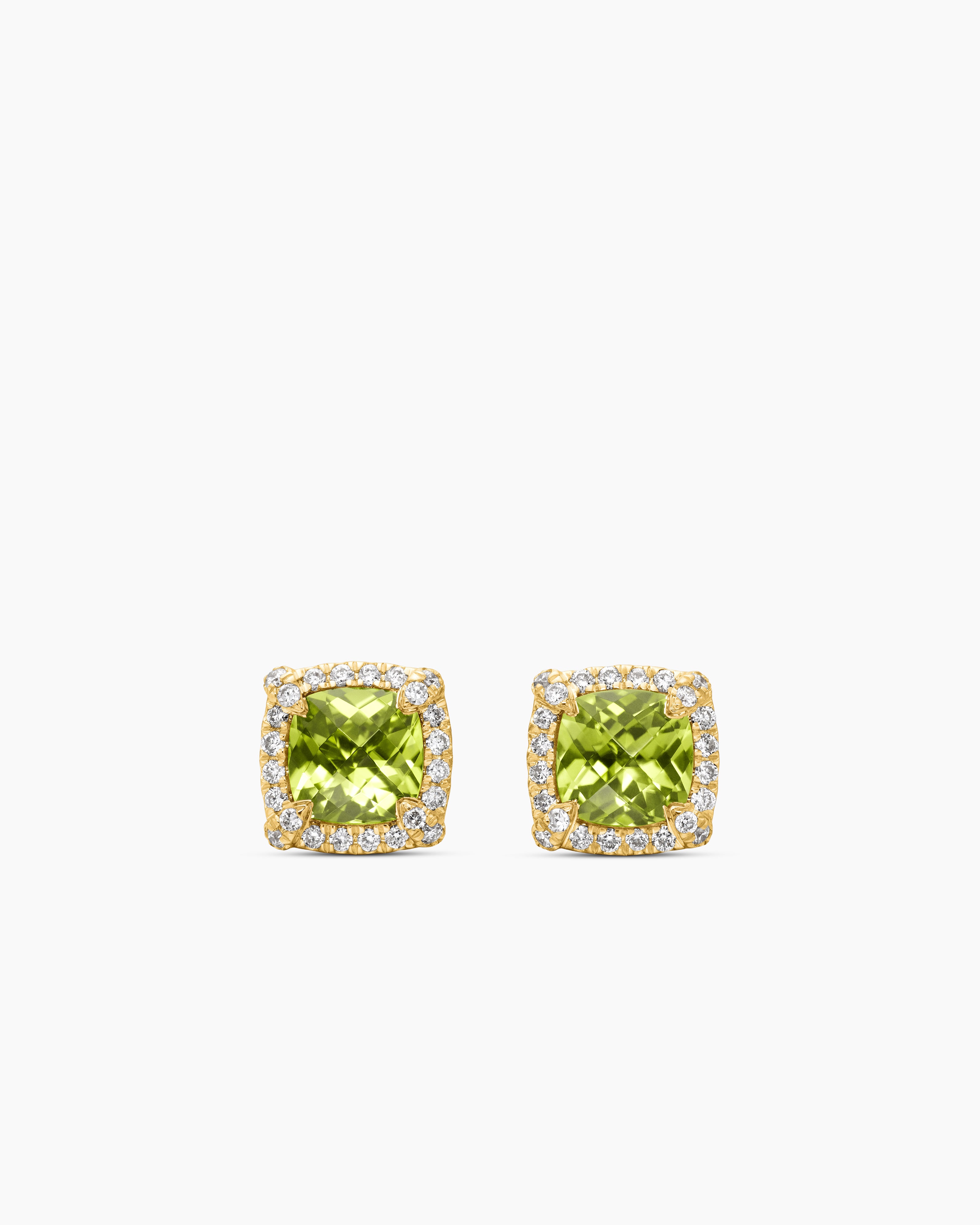 Womens Petite Chatelaine&reg; Pav&eacute; Bezel Stud Earrings in 18K Yellow Gold with Peridot and Diamonds, 5mm