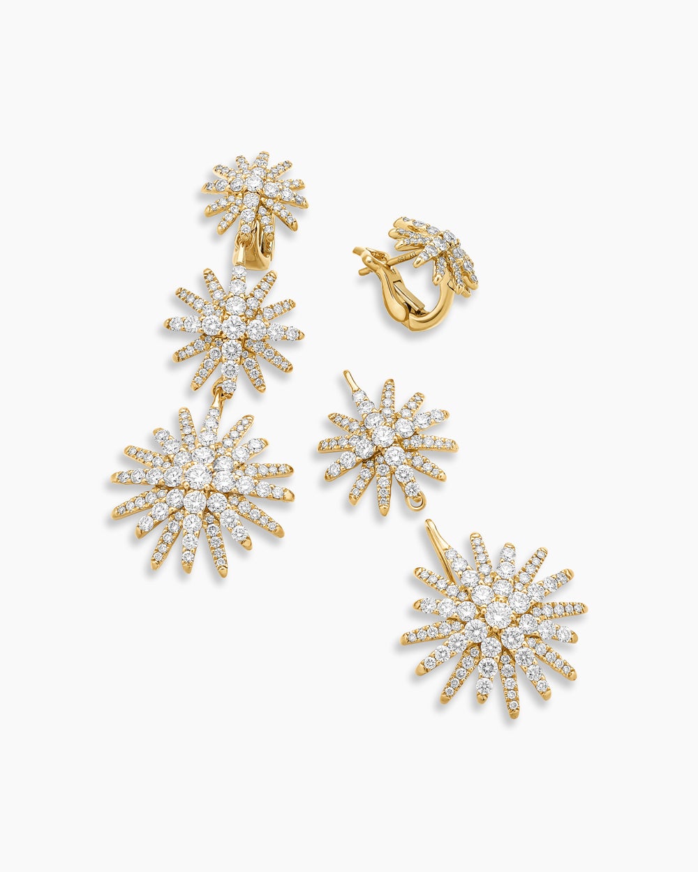 Womens Starburst Triple Drop Earrings in 18K Yellow Gold with Diamonds, 51mm