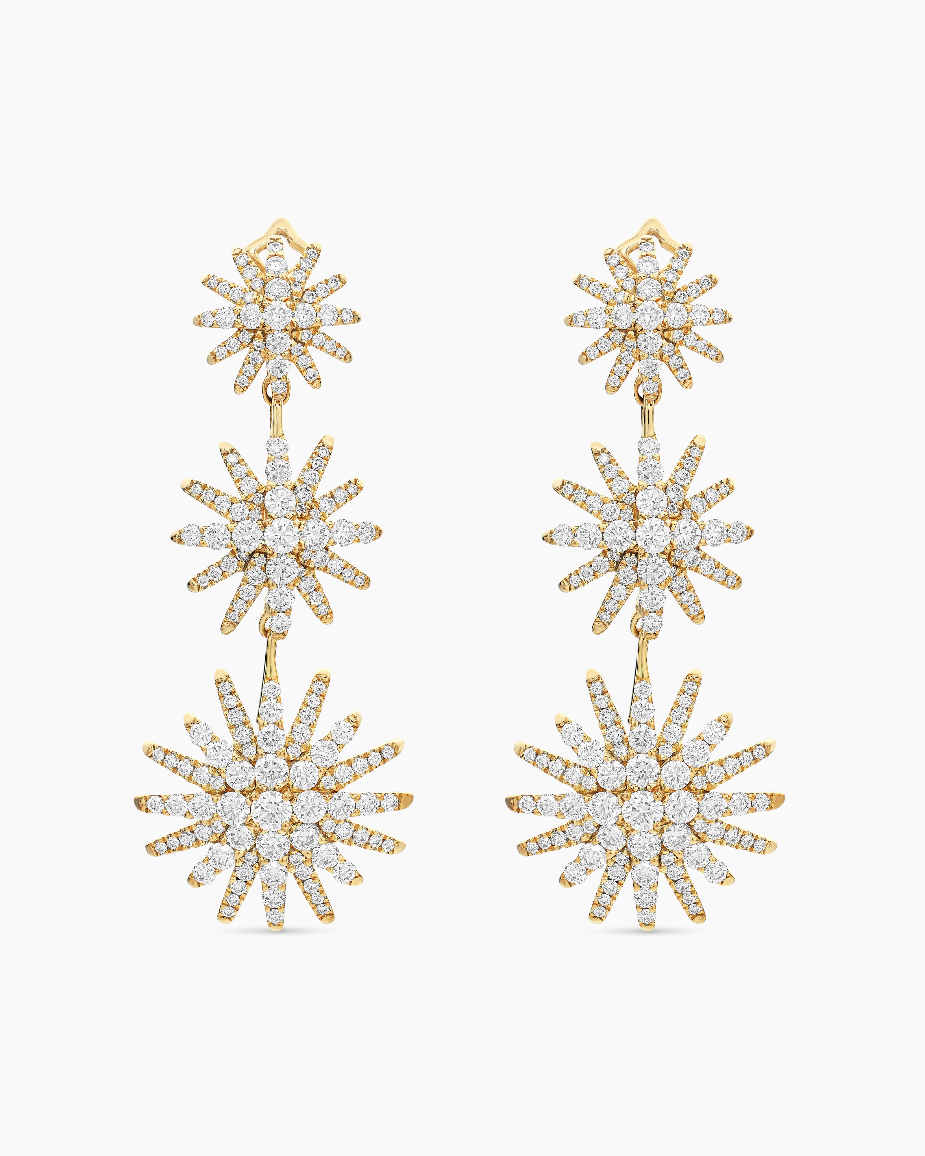 Womens Starburst Triple Drop Earrings in 18K Yellow Gold with Diamonds, 51mm