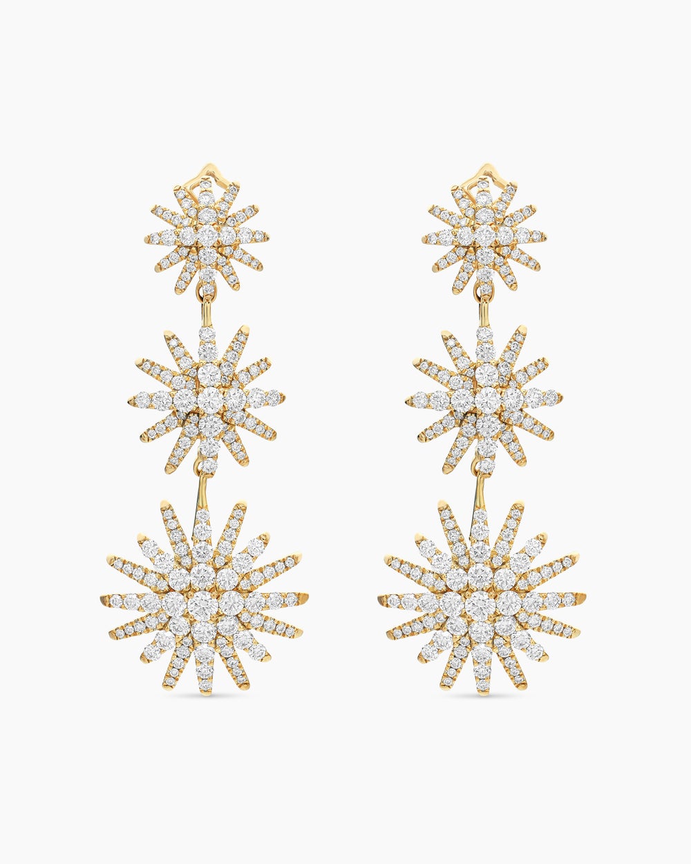 Womens Starburst Triple Drop Earrings in 18K Yellow Gold with Diamonds, 51mm