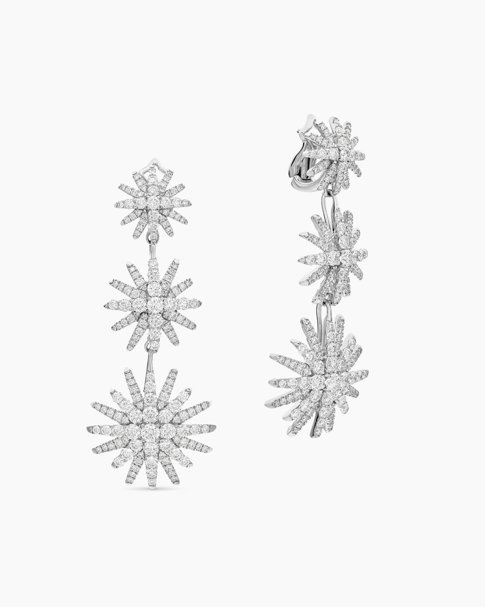 Womens Starburst Triple Drop Earrings in 18K White Gold with Diamonds, 51mm