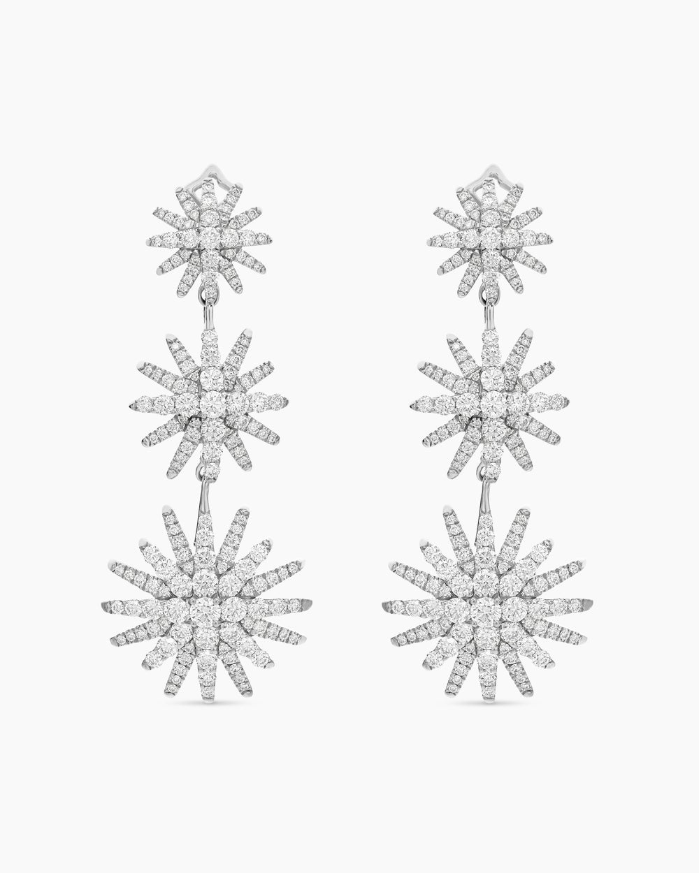 Womens Starburst Triple Drop Earrings in 18K White Gold with Diamonds, 51mm