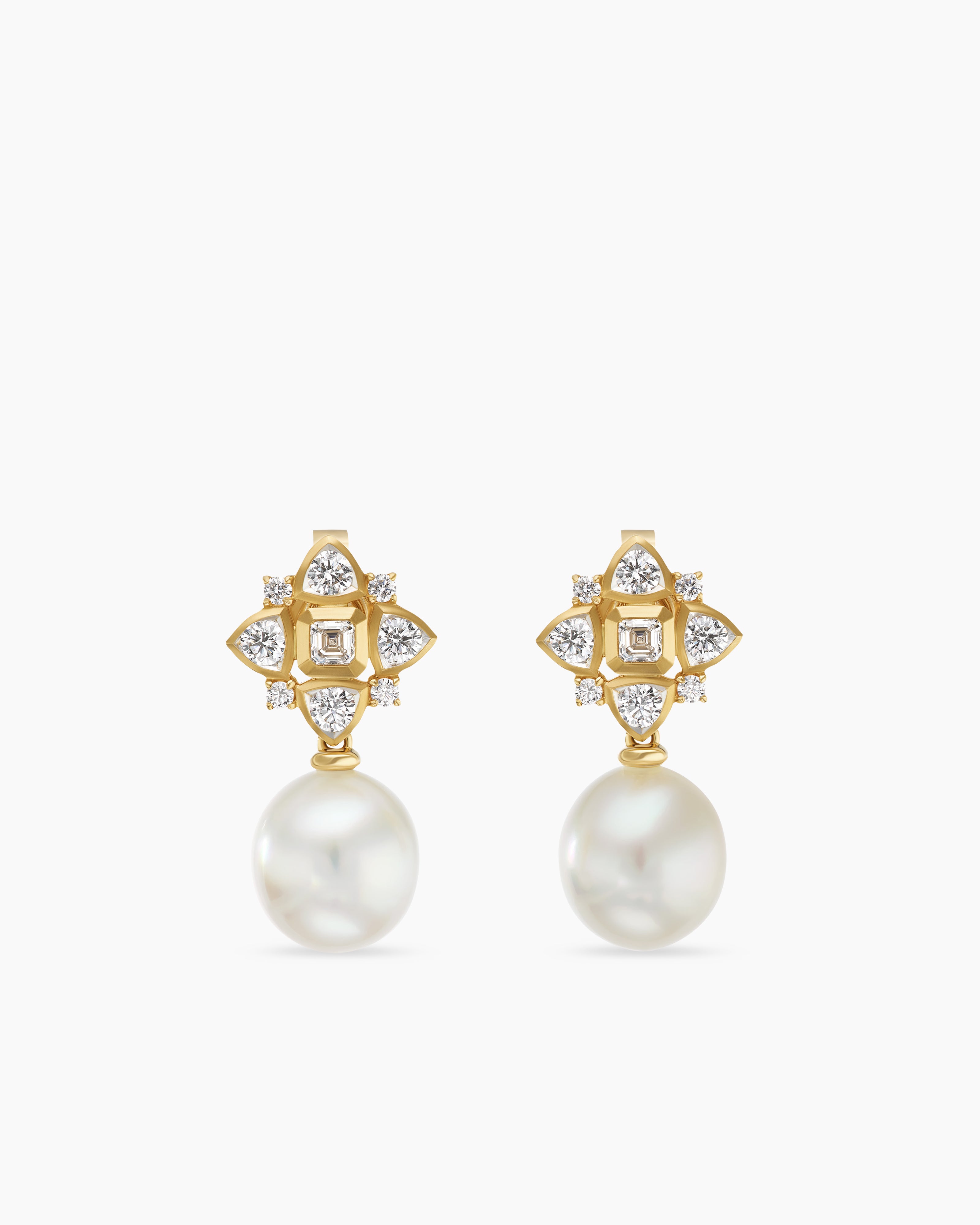 Womens Renaissance&reg; Pearl Trillion Drop Earrings in 18K Yellow Gold with Pearls and Diamond, 26mm