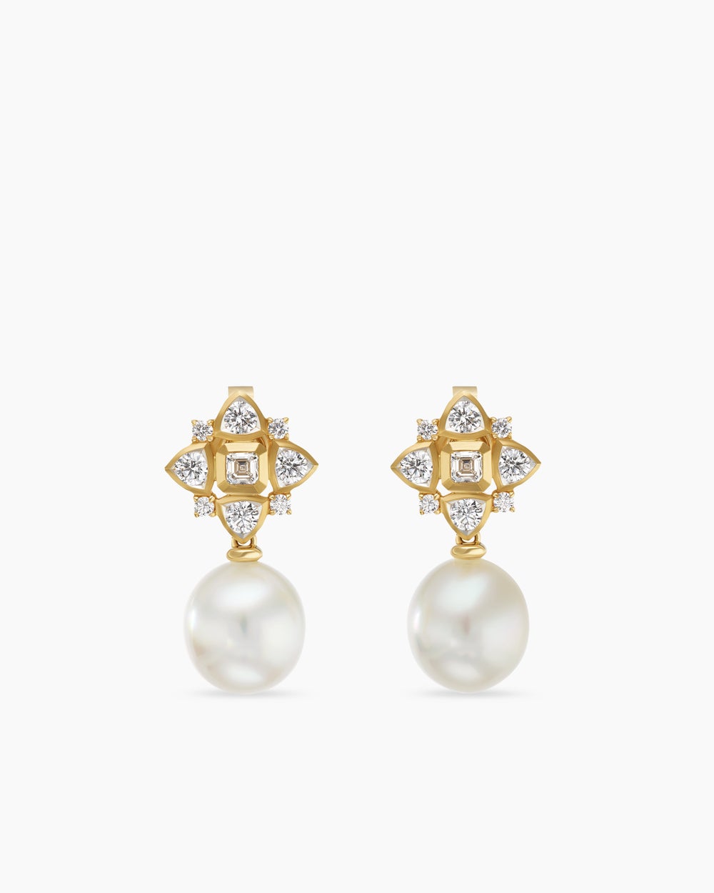 Womens Renaissance® Pearl Trillion Drop Earrings in 18K Yellow Gold with Pearls and Diamond, 26mm