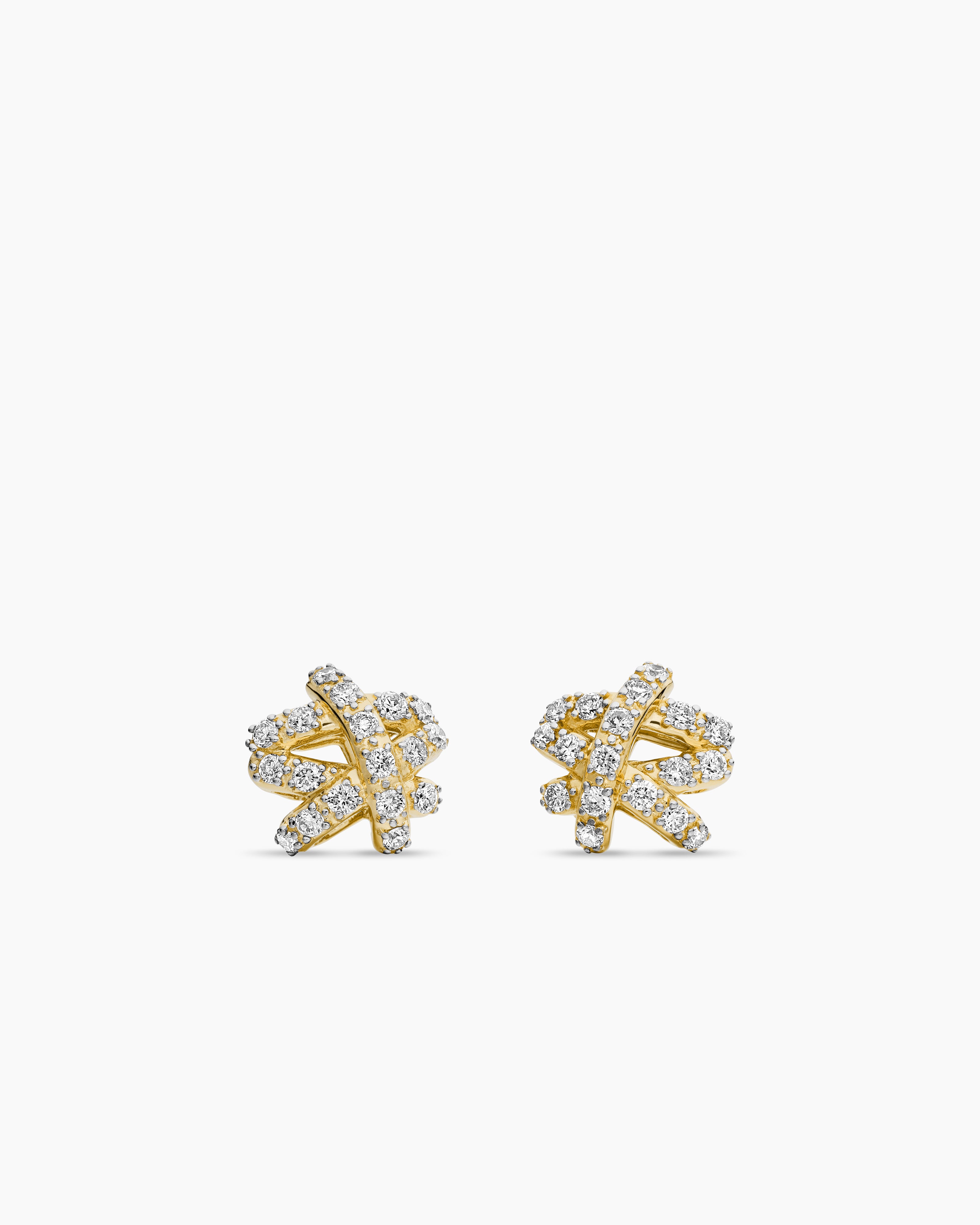 Womens Pav&eacute; Crossover Stud Earrings in 18K Yellow Gold with Diamonds, 9mm
